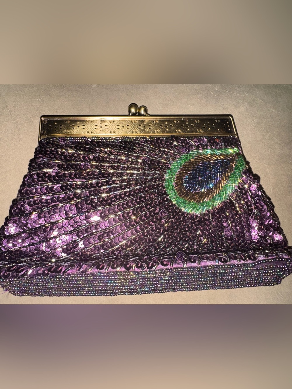 Purple Sequin Evening Clutch with Peacock Motif